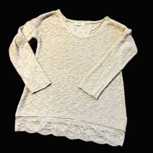 Pink Rose Oatmeal color soft sweater with lace trim. Size L US.